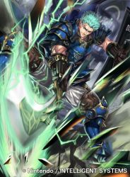 Rule 34 | 1boy, armor, armored boots, boots, company name, copyright name, dieck (fire emblem), electricity, electrified sword, electrified weapon, energy, fire emblem, fire emblem: the binding blade, fire emblem cipher, gloves, green eyes, green hair, kuroba k, male focus, matching hair/eyes, nintendo, official art, rock, scar, shield, solo, sword, weapon