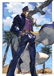 Rule 34 | 1boy, absurdres, belt, bird, black hair, blue sky, border, chain, copyright name, dated, earrings, expressionless, feet out of frame, gakuran, hands in pockets, hat, hawk, highres, jewelry, jojo no kimyou na bouken, kotatsu (g-rough), kuujou joutarou, long coat, making-of available, male focus, multiple belts, muscular, muscular male, outside border, palm tree, purple shirt, pyramid (structure), school uniform, shirt, short hair, signature, sky, solo, stardust crusaders, stud earrings, tree, triangle print, white border