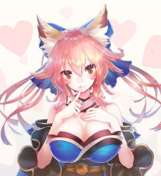 Rule 34 | 10s, 1girl, animal ear fluff, animal ears, bad id, bad pixiv id, bare shoulders, blue kimono, breasts, fate/extella, fate/extra, fate/grand order, fate (series), finger to mouth, fox ears, hair between eyes, hand on own chest, heart, heart background, japanese clothes, kimono, large breasts, long hair, long sleeves, looking at viewer, orange eyes, pink background, pink hair, shushing, smile, tamamo (fate), tamamo no mae (fate/extra), tanaka ken&#039;ichi, upper body, wide sleeves