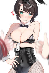 Rule 34 | angry, animal ears, armpit crease, bare shoulders, black bow, black bowtie, black leotard, blush, bow, bowtie, breasts, brown hair, cleavage, commentary request, covered navel, embarrassed, fake animal ears, fishnet pantyhose, fishnet thighhighs, fishnets, green eyes, hand on own hip, highres, hololive, kashio (92984798), large breasts, leotard, looking to the side, necktie, oozora subaru, pantyhose, playboy bunny, pov, rabbit ears, short hair, simple background, strapless, strapless leotard, thighhighs, virtual youtuber, white background