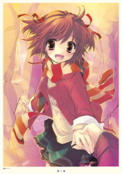 Rule 34 | 1girl, :d, brown hair, gotou nao, hair ribbon, highres, holding hands, jacket, looking at viewer, nao goto, open mouth, original, pov, red eyes, ribbon, scan, scarf, skirt, smile, solo focus, striped clothes, striped scarf, tile floor, tiles, two side up