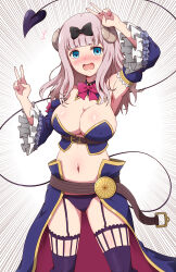 Rule 34 | 1girl, ^^^, absurdres, arm up, armpits, belt, bikini, black bow, blue bikini, blue eyes, blue sleeves, blue thighhighs, blunt bangs, blush, bow, bowtie, breasts, brown belt, cleavage, commentary request, cosplay, covered erect nipples, cowboy shot, crisis management form (machimazo), curled horns, demon girl, demon horns, demon tail, detached collar, detached sleeves, double v, eggman (pixiv28975023), embarrassed, emphasis lines, frilled sleeves, frills, fujiwara chika, garter straps, hair bow, hand up, highres, horns, kaguya-sama wa kokurasetai ~tensai-tachi no renai zunousen~, kohara konomi, large breasts, long hair, looking at viewer, machikado mazoku, navel, open mouth, pink hair, red bow, red bowtie, revealing clothes, smile, solo, stomach, strapless, strapless bikini, swimsuit, tail, thighhighs, v, v over head, voice actor connection, waist cape, wide sleeves, yoshida yuuko (machikado mazoku), yoshida yuuko (machikado mazoku) (cosplay)