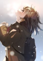 Rule 34 | 1girl, backpack, bag, breath, brown eyes, brown hair, coat, commentary, highres, looking up, open mouth, original, profile, short hair, snow, solo, winter clothes, yukimaru nun