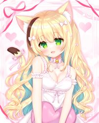 Rule 34 | 1girl, :d, absurdres, animal ear fluff, animal ears, bare shoulders, bell, blonde hair, blue hair, blush, breasts, brown eyes, cat ears, cat girl, cat tail, choker, cleavage, collarbone, commentary request, dress, green eyes, hair between eyes, head tilt, heart, highres, jingle bell, looking at viewer, medium breasts, multicolored hair, neck bell, open mouth, original, pink choker, shikito (yawa0w0), sleeveless, sleeveless dress, smile, solo, streaked hair, tail, two-tone hair, valentine, white dress