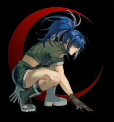 Rule 34 | 1girl, black background, blue eyes, blue hair, bonoforest, boots, earrings, gloves, green jacket, green shorts, jacket, jewelry, leona heidern, military, military uniform, ponytail, shorts, snk, soldier, solo, squatting, the king of fighters, uniform