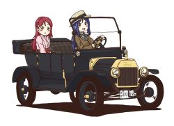 Rule 34 | 10s, 2girls, :d, :o, absurdres, blue hair, brown coat, brown eyes, car, coat, commentary request, convertible, driving, ford, ford model t, hair ornament, hairclip, half updo, hat, highres, japanese clothes, kimono, license plate, long hair, love live!, love live! sunshine!!, matsuura kanan, motor vehicle, multiple girls, neckerchief, obi, open mouth, pink kimono, ponytail, purple eyes, rainforce, red hair, sakurauchi riko, sash, simple background, smile, steering wheel, vehicle focus, white background