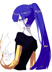 Rule 34 | 1other, absurdres, alternate hairstyle, androgynous, artist name, blue eyes, blue hair, commentary, cropped torso, from behind, gem uniform (houseki no kuni), golden arms, highres, houseki no kuni, lapis lazuli (houseki no kuni), long hair, paper, ponytail, profile, puffy short sleeves, puffy sleeves, sheya, short sleeves, signature, simple background, smile, solo, spoilers, symbol-only commentary, upper body, white background