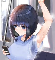 Rule 34 | 1girl, :|, absurdres, arm up, armpits, black hair, blue eyes, blue shirt, blunt bangs, blush, breasts, cellphone, closed mouth, collarbone, expressionless, highres, holding, holding phone, large breasts, looking at phone, looking down, medium hair, michinoku (michino934), original, phone, shirt, short sleeves, signature, smartphone, solo, steaming body, sweat, sweat stain, nervous sweating, t-shirt, train interior, upper body