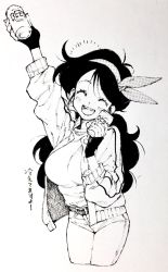 Rule 34 | +++, 1girl, alcohol, arm up, beer, belt, black hair, blush, breasts, dragon ball, drink, earrings, closed eyes, fingerless gloves, gloves, greyscale, hair ribbon, happy, jacket, jewelry, long hair, lunch (dragon ball), monochrome, open mouth, resolution mismatch, ribbon, shirt, shorts, simple background, smile, solo focus, translated, white background, white shirt