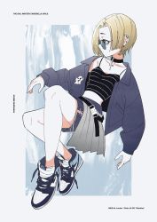 Rule 34 | 1girl, acubi tomaranai, air jordan 1, belt, blonde hair, blue jacket, blue skirt, buckle, camisole, character name, collar, collarbone, copyright name, crop top, cross, ear piercing, emoji, english text, fashion, full body, high tops, highres, idolmaster, idolmaster cinderella girls, jacket, long sleeves, midriff, nike (company), open clothes, open jacket, parted bangs, piercing, product placement, round eyewear, shirasaka koume, shoes, short hair, skirt, snap-fit buckle, sneakers, solo, striped camisole