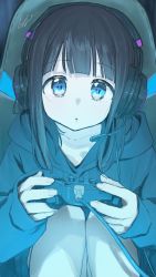 Rule 34 | 1girl, black hair, black hoodie, blue eyes, blue theme, blunt bangs, chair, controller, eye reflection, feet out of frame, game controller, gaming chair, headset, highres, holding, hood, hoodie, knees to chest, looking at viewer, nanase kurumi (menhera-chan), original, pomu (joynet), reflection, screen light, signature, sitting, sleeves past wrists, solo, swivel chair