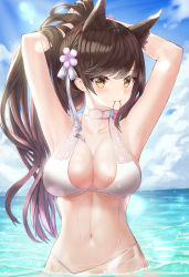 Rule 34 | 1girl, absurdres, animal ears, armpits, arms behind head, arms up, atago (azur lane), atago (summer march) (azur lane), atago (summer march) (azur lane), azur lane, bare arms, bare shoulders, bikini, blue sky, breasts, brown eyes, brown hair, choker, cleavage, cloud, cloudy sky, collarbone, day, flower, fox ears, hair flower, hair ornament, hair ribbon, hair tie in mouth, highleg, highleg bikini, highres, large breasts, long hair, looking at viewer, mouth hold, navel, ocean, partially submerged, ribbon, sarong, sky, solo, sparkle, swimsuit, tying hair, wakum, water, wet, white bikini
