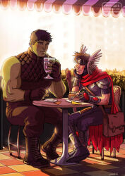 Rule 34 | 2boys, alien, alternate hair color, bara, black hair, blush, bodysuit, boots, bush, cafeteria, cake, cake slice, cloak, cocktail glass, colored skin, couple, cris art, cup, drinking glass, food, green skin, grey bodysuit, head wings, holding, holding cup, hulkling, interspecies, male focus, marvel, multiple boys, muscular, muscular male, on chair, red cloak, shirt, short hair, sideburns, sleeveless, sleeveless shirt, smile, sunlight, table, thick eyebrows, wiccan, wings, yaoi