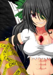 Rule 34 | 1girl, abs, amau (kosmos), black hair, bow, breasts, eyepatch, female focus, hair bow, highres, long hair, muscular, patch, red eyes, reiuji utsuho, shirt, solo, tattered shirt, torn clothes, torn shirt, touhou, wings