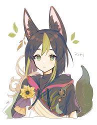 Rule 34 | 1boy, animal ear fluff, animal ears, black hair, black shirt, blunt ends, bright pupils, commentary request, cropped torso, drawstring, earrings, flower, fox boy, fox ears, fox tail, genshin impact, green eyes, green hair, hair between eyes, highres, hood, hood down, hoodie, jewelry, leaf, looking at viewer, male focus, medal, multicolored clothes, multicolored hair, parted lips, shirt, short hair, short sleeves, sidelocks, single earring, solo, tail, tamamura (tmmr5), tassel, tighnari (genshin impact), translation request, turtleneck, two-tone hair, upper body, white background, white pupils, yellow flower