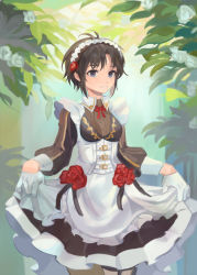 Rule 34 | 1girl, antenna hair, apron, black dress, black hair, black ribbon, blue eyes, bow, bowtie, clothes lift, cowboy shot, curtsey, dress, dubu (solidg 72), flower, foliage, garter straps, gloves, hair flower, hair ornament, idolmaster, idolmaster (classic), idolmaster million live!, idolmaster million live! theater days, kikuchi makoto, lifting own clothes, maid, maid headdress, parted lips, red bow, red bowtie, red flower, red ribbon, ribbon, short hair, skirt, skirt lift, smile, solo, standing, white apron, white flower, white gloves