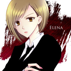 Rule 34 | 1990s (style), 1girl, blonde hair, bosch, brown eyes, character name, elena (ff7), female focus, final fantasy, final fantasy vii, formal, looking at viewer, necktie, solo, suit