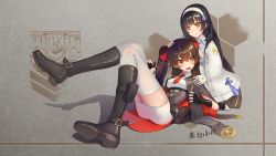 Rule 34 | 2girls, arm up, black cape, black footwear, black gloves, black hair, blush, boots, breasts, brown eyes, brown hair, cape, closed mouth, fingerless gloves, full body, girls&#039; frontline, gloves, griffin &amp; kryuger, hair ribbon, hairband, hand on another&#039;s head, hand on another&#039;s shoulder, hebai xiaochuan, highres, long hair, looking at another, lying, medium breasts, multiple girls, necktie, on back, open mouth, red necktie, red ribbon, ribbon, simple background, smile, thighhighs, twintails, type 95 (girls&#039; frontline), type 97 (girls&#039; frontline), white cape, white gloves, white hairband, white thighhighs