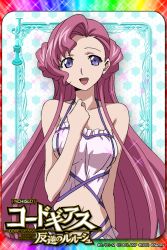 Rule 34 | 1girl, card (medium), checkered background, chess piece, clothing cutout, code geass, euphemia li britannia, frills, hand on own chest, long hair, looking at viewer, navel, navel cutout, official art, one-piece swimsuit, open mouth, pink hair, purple eyes, smile, solo, swimsuit