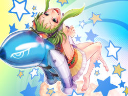 Rule 34 | 1girl, barefoot, feet, female focus, from above, from behind, goggles, green eyes, green hair, gumi, halftone, halftone background, hanji (hansi), jetpack, legs, matching hair/eyes, open mouth, rocket, smile, solo, star (symbol), vocaloid