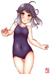 Rule 34 | 1girl, :o, ahoge, alternate costume, artist logo, asymmetrical bangs, blue one-piece swimsuit, blush, breasts, collarbone, competition school swimsuit, covered navel, cowboy shot, dated, feet out of frame, hair between eyes, hair ribbon, hayanami (kancolle), highres, kanon (kurogane knights), kantai collection, new school swimsuit, one-piece swimsuit, ponytail, purple hair, ribbon, school swimsuit, short hair, signature, simple background, small breasts, solo, standing, swimsuit, thigh gap, white background, white ribbon, yellow eyes