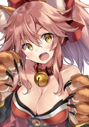 Rule 34 | &gt;:o, 1girl, :o, animal ears, animal hands, bare shoulders, bell, breasts, choker, cleavage, collarbone, fangs, fate/grand order, fate (series), fox ears, hair ribbon, jingle bell, kakao rantan, long hair, looking at viewer, neck bell, pink hair, ribbon, solo, tamamo (fate), tamamo cat (fate), tamamo cat (first ascension) (fate), tamamo no mae (fate/extra), upper body, v-shaped eyebrows, white background, yellow eyes