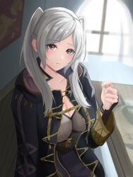 Rule 34 | 1girl, absurdres, breasts, cleavage, fire emblem, fire emblem awakening, grey eyes, grey hair, highres, large breasts, looking at viewer, nintendo, peli cantaro, robin (female) (fire emblem), robin (fire emblem), solo, twintails