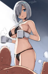 Rule 34 | 1boy, 1girl, 2023, artist name, belko, bikini, black bikini, breasts, bursting breasts, clothed female nude male, collarbone, cup, dark-skinned male, dark skin, dated, gloves, groin, hair ornament, hair over one eye, hairclip, hamakaze (kancolle), highres, holding, holding cup, huge breasts, kantai collection, large breasts, looking at viewer, lying, navel, nude, open mouth, panties, short hair, sideboob, standing, stomach, swimsuit, thighs, underboob, underwear, white gloves, white hair