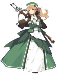 Rule 34 | 1girl, bow (weapon), brown hair, capelet, crossbow, crossed arms, detached sleeves, dress, evenicle, full body, green dress, green eyes, hat, kathryn lapucelle, long dress, long hair, looking at viewer, official art, ponytail, solo, tachi-e, transparent background, tsundere, weapon