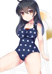Rule 34 | 10s, 1girl, 3:, black hair, bow, breasts, brown eyes, chair, female focus, hat, unworn hat, unworn headwear, henet hene, kantai collection, large breasts, long hair, looking at viewer, one-piece swimsuit, polka dot, polka dot swimsuit, school swimsuit, simple background, sitting, solo, straw hat, swimsuit, ushio (kancolle)