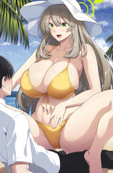 Rule 34 | 1boy, 1girl, absurdres, ao banana, bikini, black hair, blue archive, breasts, commentary request, front-tie top, girl on top, green eyes, halo, hat, highres, large breasts, light brown hair, navel, nonomi (blue archive), nonomi (swimsuit) (blue archive), sensei (blue archive), shirt, short hair, sun hat, swept bangs, swimsuit, white shirt, yellow bikini