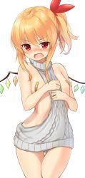 Rule 34 | 1girl, angry, backless dress, backless outfit, bandaid, bandaids on nipples, bare arms, bare shoulders, blonde hair, blush, breasts, chiroshiron, cowboy shot, crystal, dress, flandre scarlet, gluteal fold, grey sweater, hair ornament, hair ribbon, highres, long hair, looking at viewer, meme attire, naked sweater, nose blush, one side up, open mouth, pasties, pointy ears, red eyes, red ribbon, ribbed sweater, ribbon, simple background, small breasts, smile, solo, sweater, touhou, turtleneck, turtleneck sweater, v-shaped eyebrows, virgin killer sweater, white background, wings