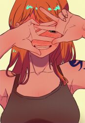 Rule 34 | 1girl, 6070 kaijoku, armpits, bare shoulders, blush, breasts, brown tank top, collarbone, commentary request, covering face, full-face blush, grin, hands up, highres, korean commentary, long hair, looking at viewer, looking through fingers, medium breasts, nami (one piece), one piece, orange hair, shoulder tattoo, smile, solo, tank top, tattoo, teeth, upper body, v, yellow background