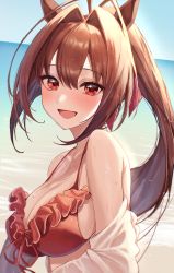 Rule 34 | 1girl, absurdres, animal ears, beach, bikini, breasts, brown eyes, brown hair, cleavage, commentary, daiwa scarlet (trifle vacation) (umamusume), daiwa scarlet (umamusume), hair between eyes, hair intakes, highres, horse ears, horse girl, huge filesize, kudou (sikisiki0000), large breasts, long hair, looking at viewer, official alternate costume, open mouth, red bikini, smile, solo, swimsuit, twintails, umamusume, upper body