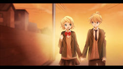 Rule 34 | 1boy, 1girl, bag, black necktie, blazer, blonde hair, blue eyes, blurry, bow, bowtie, brother and sister, depth of field, hair ornament, hairclip, hand in pocket, hetero, holding hands, jacket, kagamine len, kagamine rin, letterboxed, necktie, open mouth, orange (vocaloid), red bow, red bowtie, road, school bag, school uniform, short hair, short ponytail, siblings, smile, street, sunset, sweater, tama (songe), twins, vocaloid