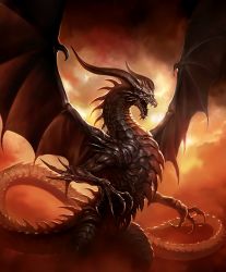 Rule 34 | 10s, artist request, bahamut (shingeki no bahamut), claws, cloud, cygames, dragon, dragon wings, horns, no humans, official art, red sky, scales, shadowverse, shingeki no bahamut, sky, solo, spines, standing, teeth, wings