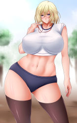 Rule 34 | 1girl, abs, blonde hair, blue eyes, breasts, buruma, cameltoe, collarbone, curvy, female focus, glasses, huge breasts, midriff, navel, no panties, original, outdoors, pussy, saogokushi, see-through, shirt, short hair, solo, standing, teacher, thighhighs, toned, whistle, white shirt, wide hips