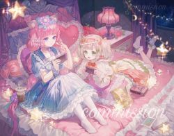 Rule 34 | + +, 2girls, animal ears, bad id, bad twitter id, bed, bed sheet, book, bow, cat ears, cat girl, christmas lights, commentary, commission, copyright request, cup, english text, flower, food, green eyes, hair bow, hair ribbon, heart, heart-shaped pillow, highres, lamp, leggings, maccha (mochancc), moon, multiple girls, pillow, pink hair, ribbon, star (symbol), symbol-only commentary, tagme, white hair