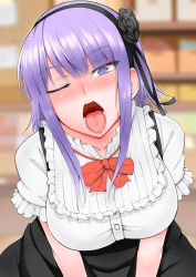 Rule 34 | 10s, 1girl, are (arearee), blush, bow, breasts, dagashi kashi, eyes visible through hair, flower, frills, hair flower, hair ornament, hair ribbon, hairband, head tilt, highres, large breasts, leaning forward, looking at viewer, one eye closed, open mouth, oral invitation, purple eyes, purple hair, ribbon, ringed eyes, shidare hotaru, short hair, sidelocks, solo, tongue, tongue out, v arms