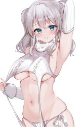 Rule 34 | 1girl, absurdres, aqua eyes, arm up, armpits, blue eyes, blush, breasts, grey hair, highres, kantai collection, kashima (kancolle), large breasts, looking at viewer, meme attire, navel, open mouth, smile, solo, sweat, sweater, twintails, underboob, underwear, virgin destroyer sweater, white background, yoshino (mfmfpng)