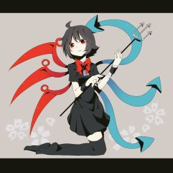 Rule 34 | 1girl, ahoge, armband, asymmetrical wings, bandages, black hair, black thighhighs, bow, dress, head tilt, holding, holding weapon, houjuu nue, kneeling, kozakura (dictionary), letterboxed, looking at viewer, polearm, red eyes, short hair, simple background, solo, thighhighs, touhou, trident, weapon, wings, zettai ryouiki