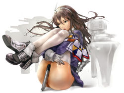 Rule 34 | 10s, 1girl, alternate legwear, ashigara (kancolle), brown eyes, brown hair, convenient censoring, full body, gloves, ha to mi, hairband, hugging own legs, kantai collection, lips, long hair, long sleeves, looking to the side, mecha musume, no panties, parted lips, shoes, simple background, sitting, solo, thighhighs, torpedo, uniform, white background, white gloves, white thighhighs