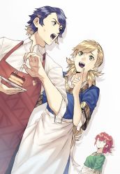 Rule 34 | 1boy, 2girls, alfonse (fire emblem), alternate costume, anna (fire emblem), apron, blonde hair, blue eyes, blue hair, braid, brother and sister, cake, crown braid, fire emblem, fire emblem awakening, fire emblem heroes, food, gradient hair, green eyes, highres, holding, holding plate, index finger raised, long hair, multicolored hair, multiple girls, nintendo, open mouth, plate, red eyes, red hair, sharena (fire emblem), short hair, short sleeves, siblings, simple background, tomentomob, white background