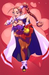 Rule 34 | 1990s (style), 1girl, akanbe, ankle boots, antenna hair, boots, braid, breasts, brown eyes, cape, chrono (series), chrono trigger, cleavage, crossed legs, earrings, eyelid pull, fingerless gloves, flea (chrono trigger), futanari, gloves, hand on own hip, high ponytail, jewelry, large breasts, long hair, newhalf, pantyhose, pointy ears, red hair, retro artstyle, robaato, sideboob, single braid, skirt, solo, standing, teapot, tongue, tongue out