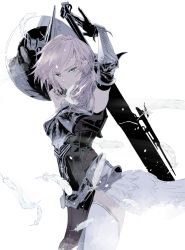 Rule 34 | 1girl, armor, armpits, arms up, bare shoulders, cofffee, cowboy shot, final fantasy, final fantasy xiii, final fantasy xiii-2, green eyes, holding, holding shield, holding weapon, incoming attack, lightning farron, long hair, looking at viewer, pelvic curtain, shield, solo, square enix, thighhighs, weapon, white hair, white thighhighs