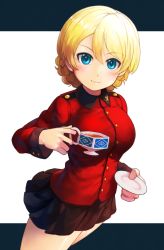 Rule 34 | 10s, 1girl, birdmountain, blonde hair, blue eyes, braid, breasts, cup, darjeeling (girls und panzer), girls und panzer, jacket, large breasts, looking at viewer, md5 mismatch, military, military jacket, military uniform, pleated skirt, resolution mismatch, saucer, skirt, smile, solo, source larger, tea, teacup, thighs, toriyama arare, uniform