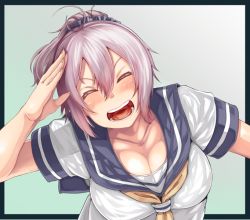 Rule 34 | 10s, 1girl, ahoge, aoba (kancolle), blush, breasts, cleavage, hair between eyes, hair ornament, happy, kantai collection, large breasts, miyoshi (triple luck), open mouth, ponytail, purple hair, salute, school uniform, serafuku, short hair, simple background, smile, solo, teeth, tongue, upper body