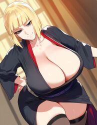 Rule 34 | 1girl, adapted costume, ai-generated, alternate costume, bad tag, belly, big breasts, blonde hair, blue eyes, blunt bangs, bob cut, boruto: naruto next generations, breast focus, breasts, child bearing hips, cleavage, closed mouth, collarbone, curvy, dress, elbow gloves, female, female focus, fingerless gloves, fishnet top, fishnets, gloves, haori, highres, huge breasts, inddoors, jacket, japanese clothes, kimono, large breasts, leotard, lips, lipstick, looking at viewer, makeup, mature female, medium hair, nai diffusion, naruto, naruto (series), naruto shippuuden, navel, nenelulucy, no bra, revealing clothes, sagging breasts, samui, samui (naruto), seductive smile, short dress, short hair, shoulder length hair, shounen jump, skimpy, skimpy clothes, smile, smirk, solo, solo focus, stable diffusion, standing, thick thighs, thighhighs, thighs, thunder thighs, tight clothes, top heavy, wide hips, wide sleeves, yukata
