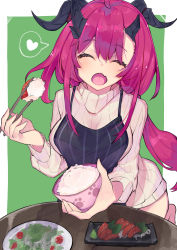 Rule 34 | 1girl, ahoge, apron, blush, bowl, breasts, chopsticks, cowboy shot, curled horns, demon horns, closed eyes, facing viewer, fang, fish, hair between eyes, heart, highres, holding, holding chopsticks, horns, incoming food, large breasts, long hair, long sleeves, magrona, magrona channel, medium breasts, open mouth, pink hair, ribbed sweater, rice, rice bowl, simple background, solo, spoken heart, sweater, ukyo rst, very long hair, virtual youtuber, white sweater