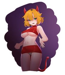 Rule 34 | 1girl, absurdres, bare shoulders, blonde hair, blush, breasts, cleavage cutout, clothing cutout, fake horns, green eyes, guardian tales, highres, horns, medium breasts, navel, official alternate costume, open mouth, panties, red tail, sangobob, short hair, simple background, solo, tail, underboob, underwear, white panties